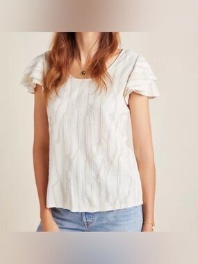 Dolan Anthropologie Cream and Tan Flutter Sleeve Short Sleeve Top Size XL
